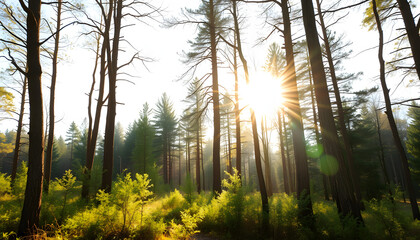 Beautiful sunny morning in the forest isolated with white highlights, png