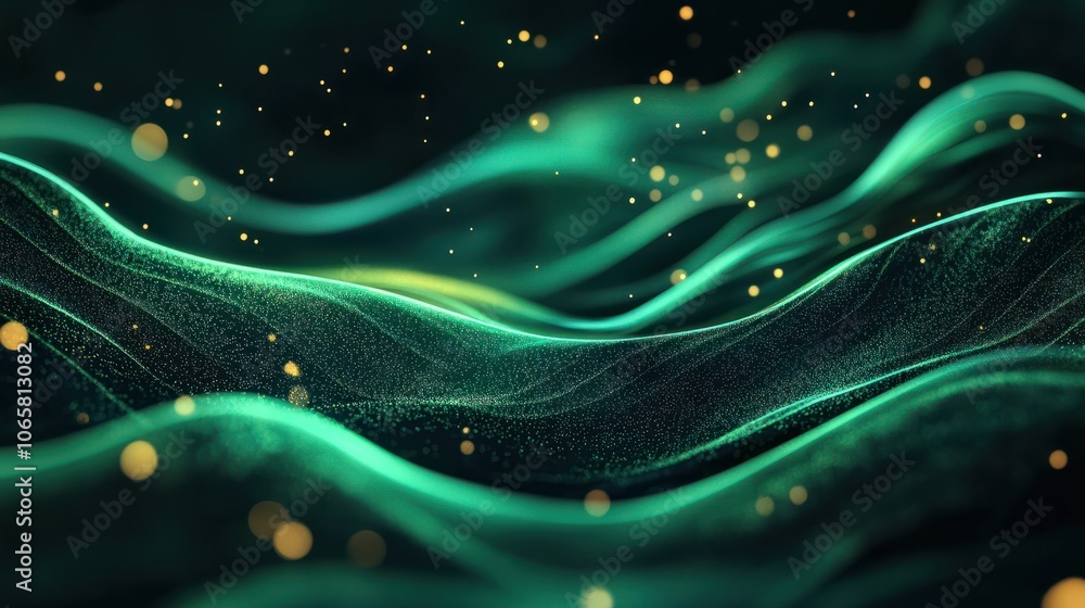 Poster abstract green glitter bokeh background with wavy patterns and sparkling lights