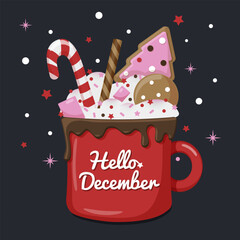 a cup of hot chocolate drink with cream, candy cane, marshmallow and cookies
