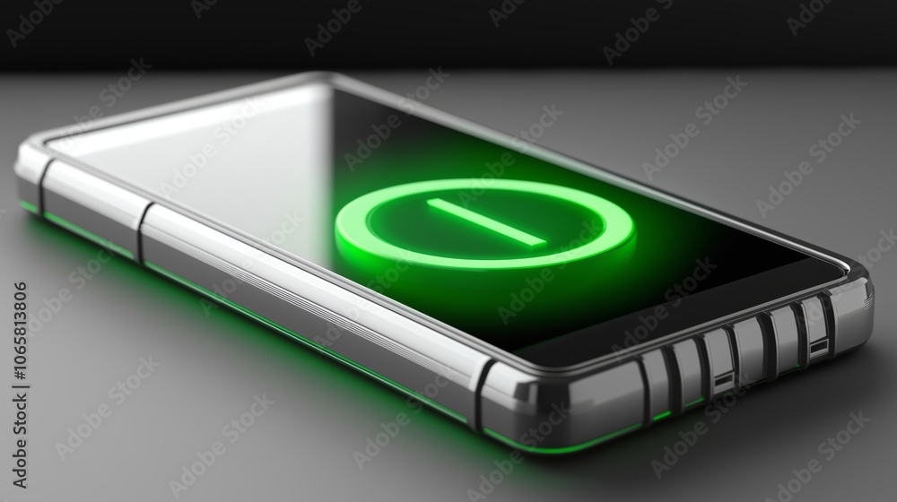 Poster uturistic smartphone design with green power symbol illuminated, representing modern technology, ene