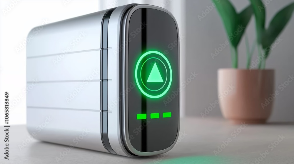 Poster ndustrial battery pack with led charge display, highlighting power storage and durability in compact