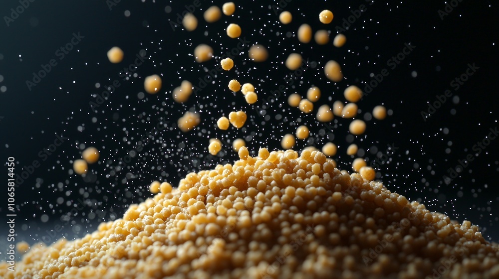 Poster couscous groats hover individually water creating intriguing visual effect dark backdrop highlightin