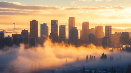 Fototapeta premium A panoramic view of a city skyline at sunset, with fog rolling in and creating a ethereal and mysterious atmosphere.