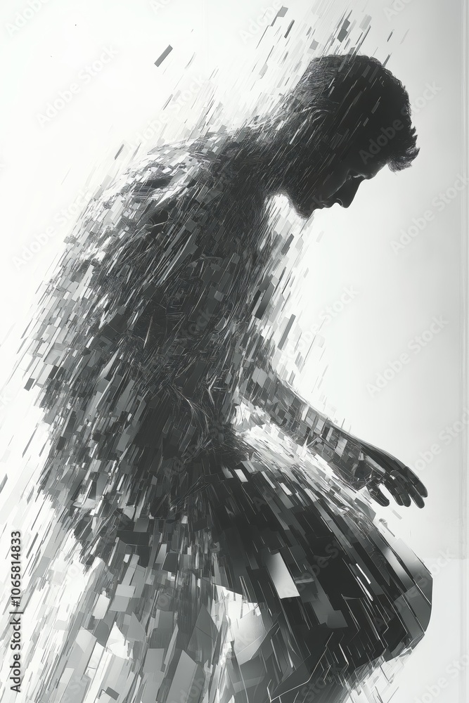 Poster abstract silhouette of man dissolving into pixels, symbolizing digital transformation, identity, and