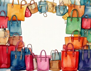 watercolor of colorful bags all around with empty copy space in the middle