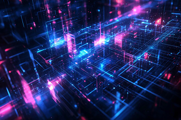 Fototapeta premium Abstract digital landscape with vibrant neon lights at night