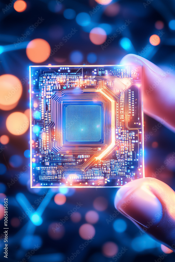 Poster a hand holds a vibrant microprocessor surrounded by floating, illuminated circuit patterns that sign