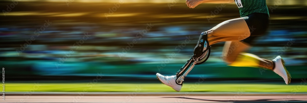 Aufkleber an athlete is racing on a track, showcasing remarkable speed while utilizing a prosthetic leg, under