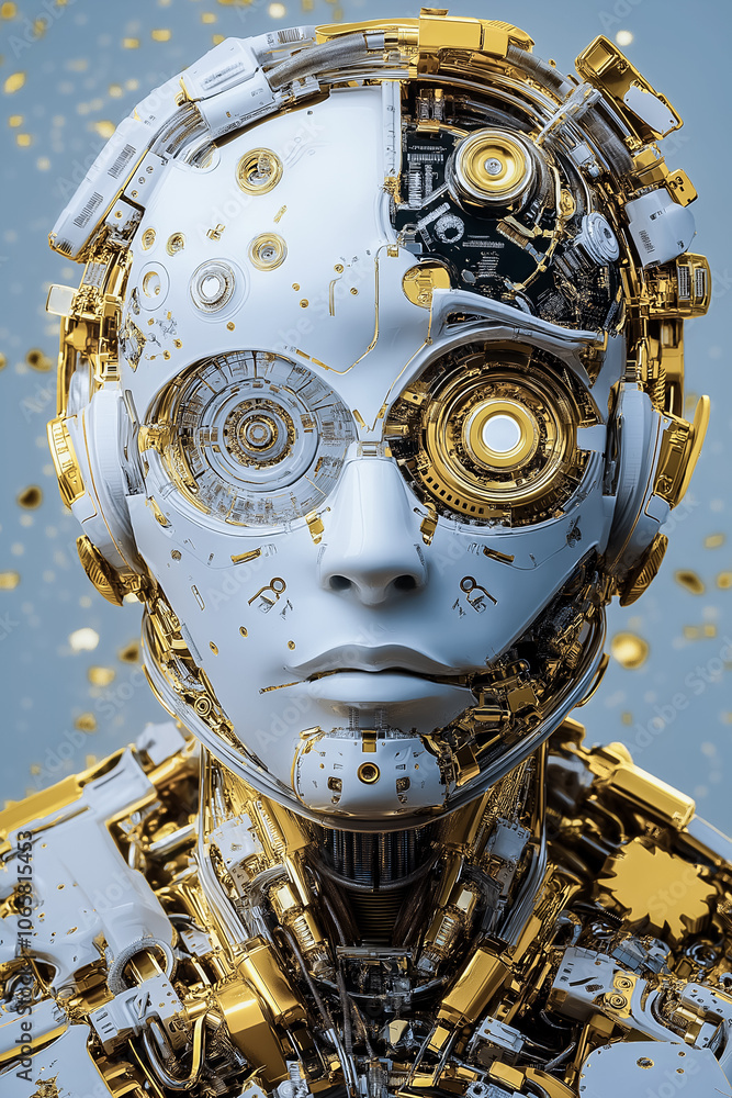 Aufkleber the humanoid robot features a blend of sleek white and gold components, emphasizing advanced mechani