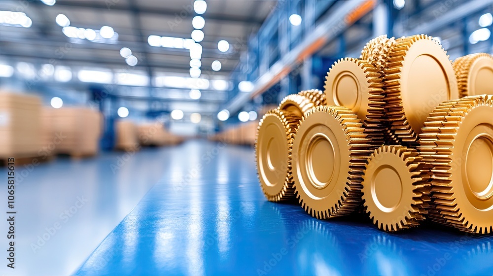 Poster stacked metallic gears in a factory setting gleam under bright lights, ready for engineering applica