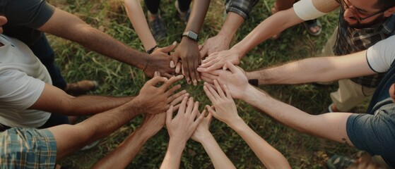 A diverse group forms a circle of hands over grass, symbolizing unity, teamwork, and shared commitment to a common cause.