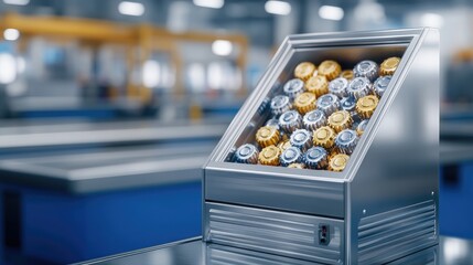 A stunning gear-themed arcade machine crafted from steel in a bright factory workshop filled with vibrant equipment