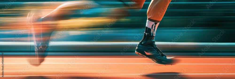 Poster an athlete runs swiftly on a track with a prosthetic leg, demonstrating incredible speed and determi