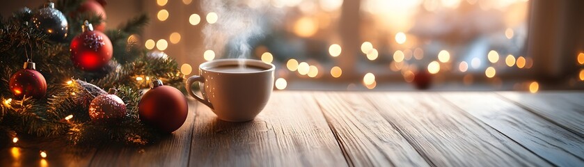 Fototapeta premium A Steaming Cup of Coffee with Christmas Ornaments and Lights
