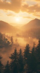 Obraz premium Dramatic sunset over a misty forest with golden rays filtering through the trees