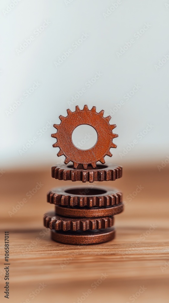Poster crafting innovation: a meticulous stack of precision gears in an engineering workshop showcasing exp