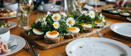 Festive dining table adorned with egg-topped rye bread and daisies, radiating warmth and conviviality.