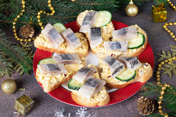 Homemade sandwiches with salted herring, cucumber and egg on round plate