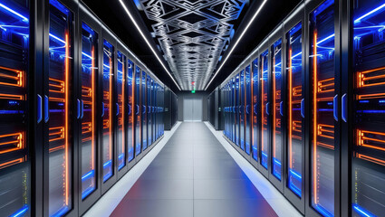 Modern data center corridor with illuminated server racks and futuristic design.