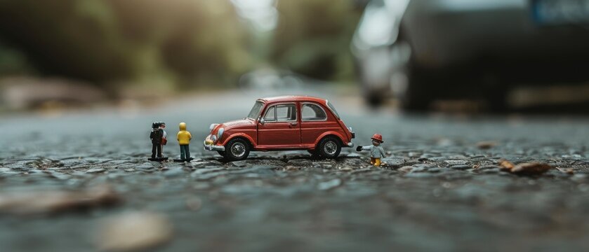 Miniature red car with tiny figures creates a playful scene, capturing a moment of whimsy and imagination on a road. - Powered by Adobe