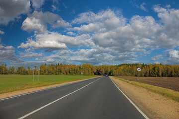 Autumn landscape, road and highway, asphalt and roadside.