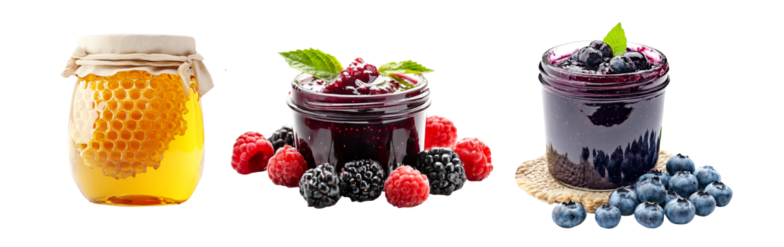 Jar of homemade berry marmalade, blackberry, blueberry jam and honey isolated on white transparent background, ideal for food lovers and health conscious themes