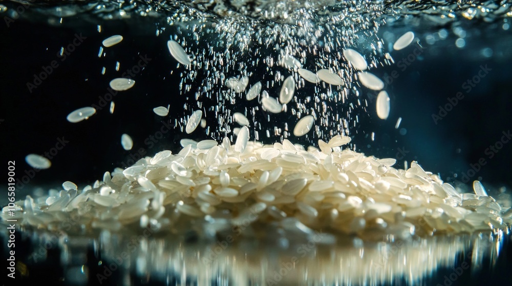 Poster rice grains are suspended clear water showcasing their texture and individual forms as they appear l