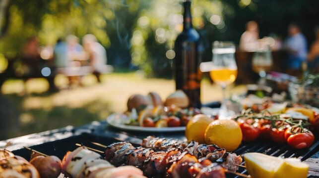 Hazy depiction of an outdoor barbecue gathering highlighting the delicious spread of food and drinks on display.