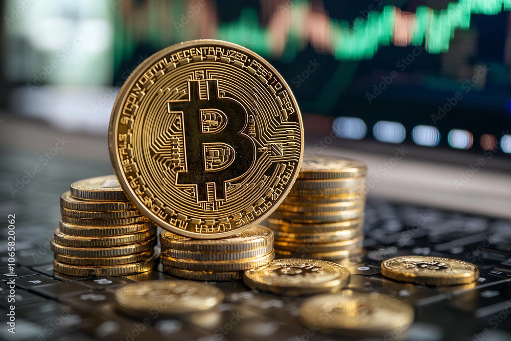 Poster bitcoin coins stacked on a laptop with trading charts in background