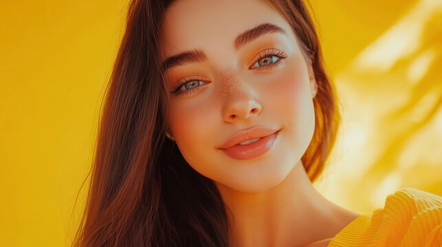 Close-up portrait of her she nice-looking charming attractive lovely winsome fascinating cheerful cheery straight-haired lady making taking selfie isolated over bright vivid shine yellow background