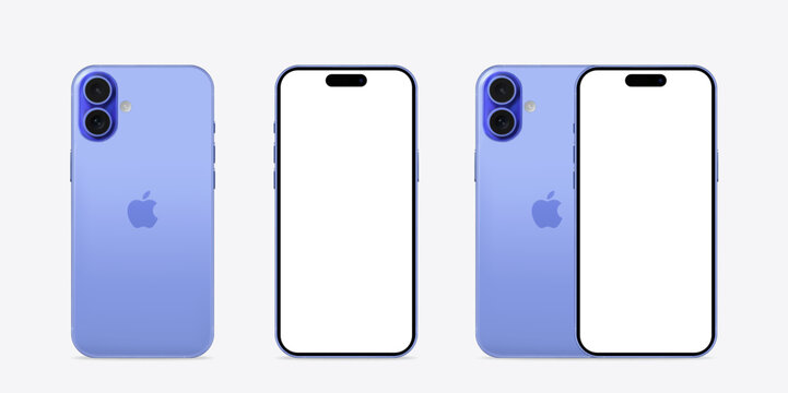 iPhone16 mockup set with back and front angles. iPhone16 color - Ultramarine