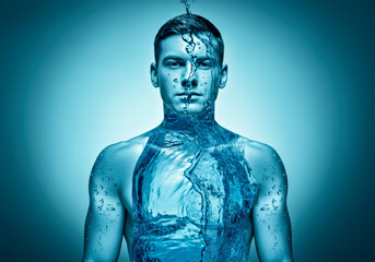 A man submerged in vivid blue water with dynamic splashes, showcasing movement and fluidity in a creative art composition