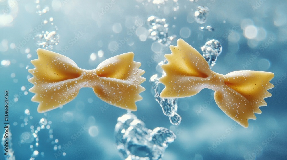 Poster pasta bows gracefully hover water surrounded bubbles creating captivating view bright backdrop. scen