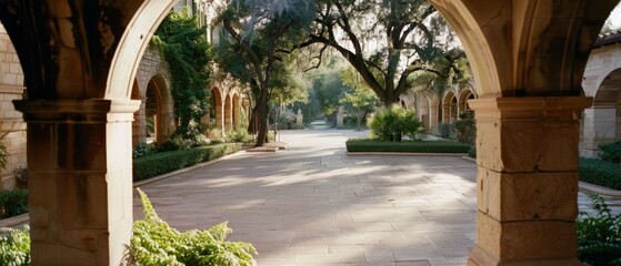 Fototapeta premium Sunlight streams through arches of a stone courtyard, illuminating lush gardens in a serene retreat.