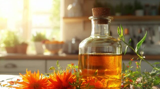 A bottle of calendula oil sits on a wooden table in a kitchen, surrounded by calendula flowers