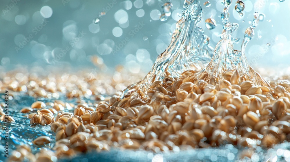 Poster buckwheat grains float separately waters surface illuminated bright lighting highlights their unique