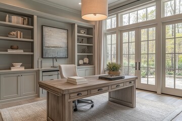 Fototapeta premium organic home office, a peaceful office follows organic modern principles with a sleek wooden desk, built-in shelving, and striking lighting in a calm setting