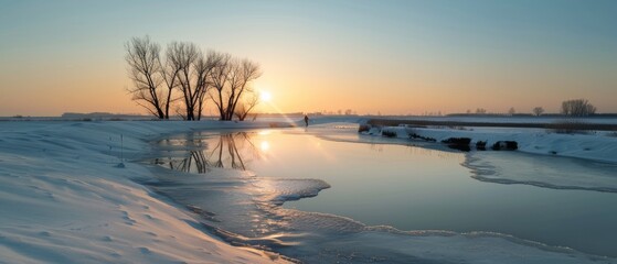 A peaceful snowy landscape at sunrise, the serene river reflecting the soft colors of dawn against a backdrop of leafless trees.