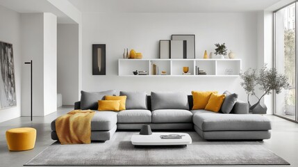 Contemporary Living Room with Grey Sectional Sofa and Yellow Accents