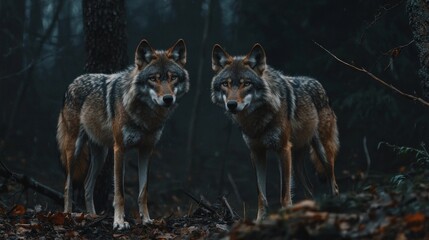 depths shadowy forest adult wolf and she wolf stand alert eyes focused embodying spirit protectiveness their cub as night falls them.