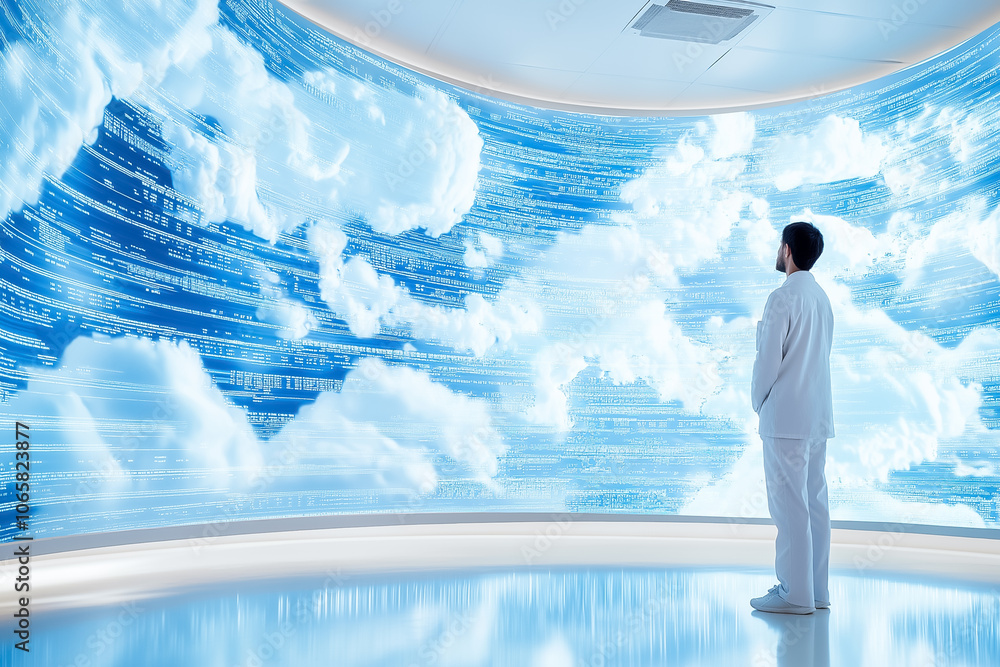 Poster a person stands in awe, observing a vibrant digital representation of clouds and data projections
