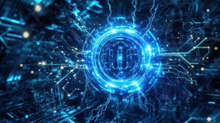 Fototapeta premium A futuristic digital design featuring glowing blue circuits and a central circular element.