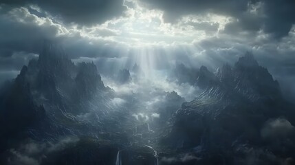 Fototapeta premium Epic view of a mountain range under stormy clouds, light breaking through the dark sky, cinematic and dramatic