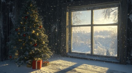 A cozy winter scene featuring a decorated Christmas tree and gifts by a snowy window.