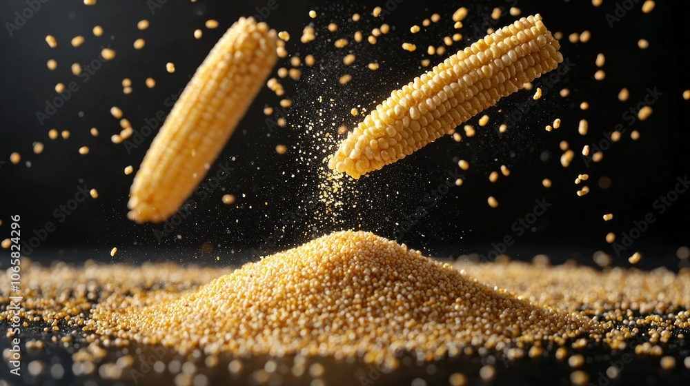 Poster corn grits are displayed separately hovering mound ground corn highlighting their individual texture