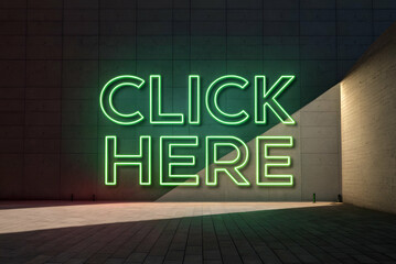 A glowing neon sign reading "CLICK HERE" against a textured background, creating a modern, inviting atmosphere.