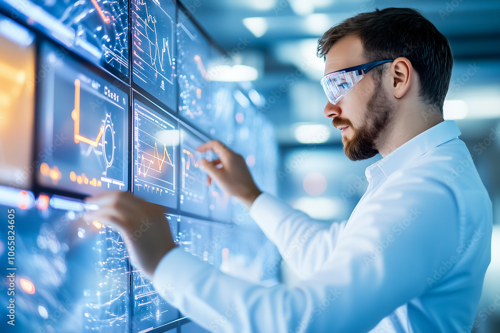 Poster a professional focuses on analyzing data displayed on high-tech screens in an advanced office enviro