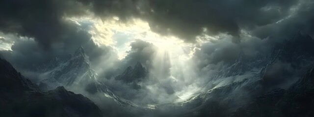Obraz premium Epic view of a mountain range under stormy clouds, light breaking through the dark sky, cinematic and dramatic