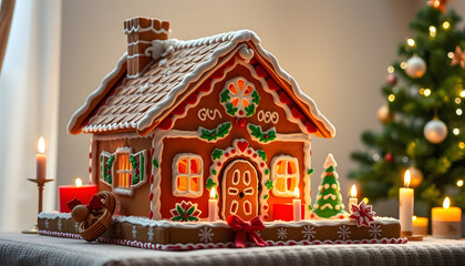 Obraz premium Family holiday celebration. Beautiful traditional homemade gingerbread house. Celebration of Christmas and Happy new year at home. Festive mood, cozy atmosphere, burning candles, fir tree. Banner is