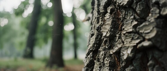 Fototapeta premium A tree trunk stands boldly in a misty forest, its rough texture and resilience highlighted against a tranquil backdrop.